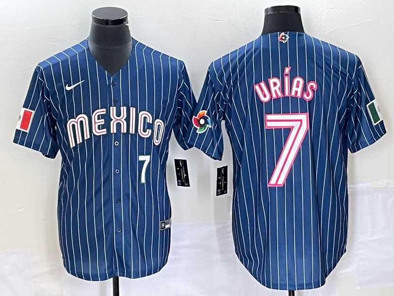 Men%27s Mexico Baseball #7 Julio Urias Number Navy Blue Pinstripe 2020 World Series Cool Base Nike Jersey4->2023 world baseball classic->MLB Jersey